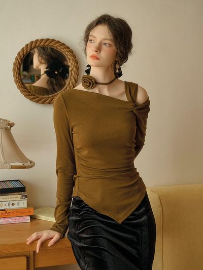 Simple Retro SR_Slant shoulder slim knit top