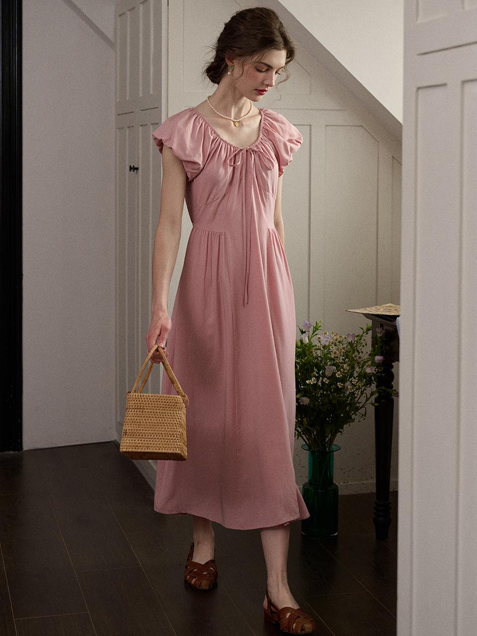 Simple Retro SR_Tulip Shirring Dress - Pink