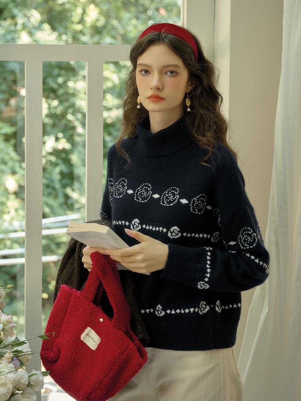 Simple Retro SR_Turtleneck rose jacquard knit sweater