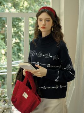 Simple Retro SR_Turtleneck rose jacquard knit sweater
