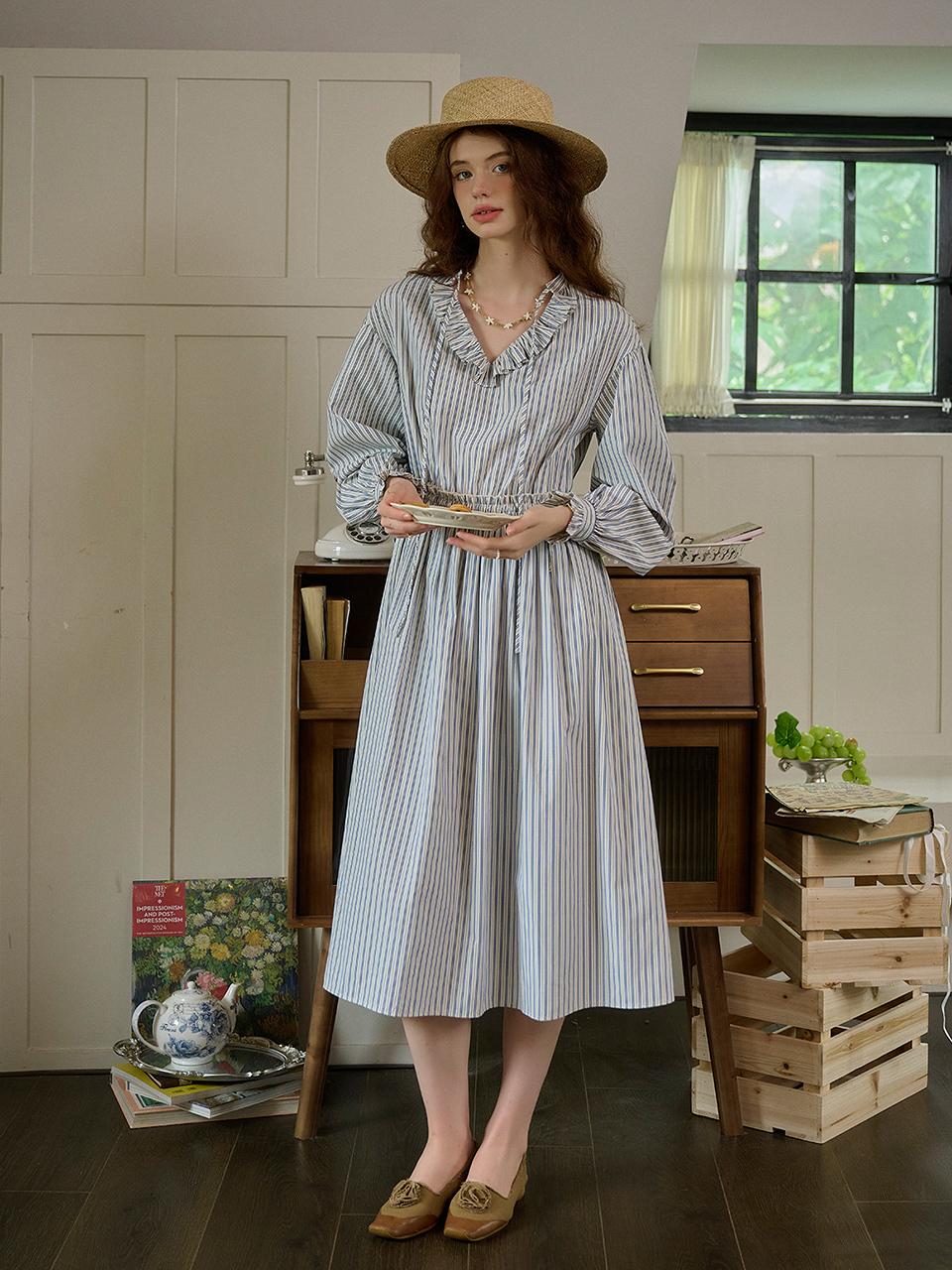 Simple Retro SR_V-neck striped A-line dress