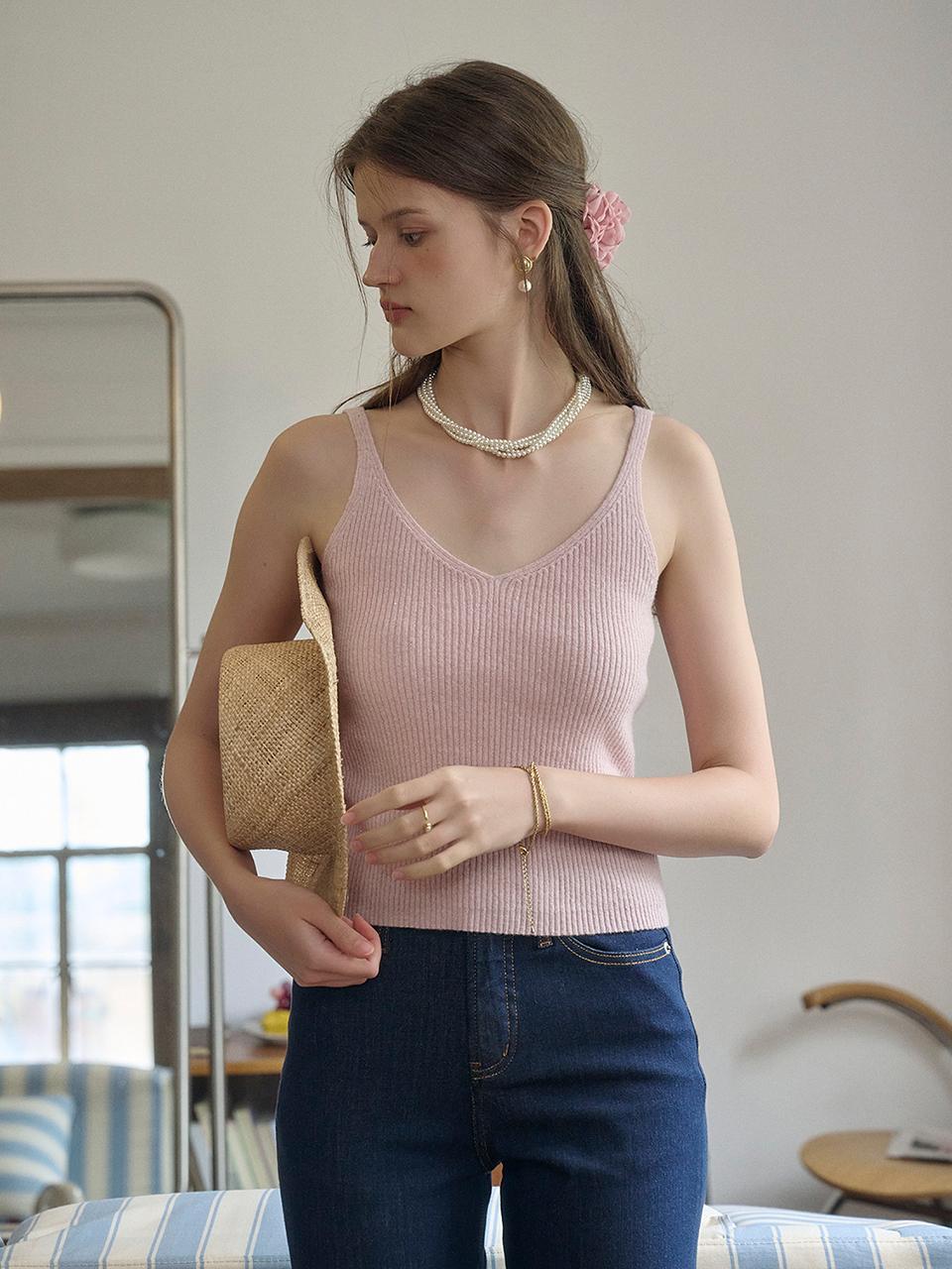 Simple Retro SR_V-neck wool knit inner top_PINK