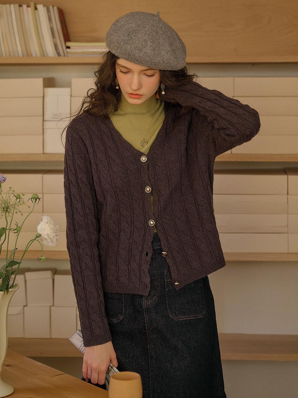 Simple Retro SR_Wool cable knit cardigan_GRAY