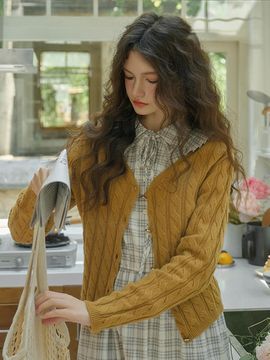 Simple Retro SR_Wool cable knit cardigan_YELLOW