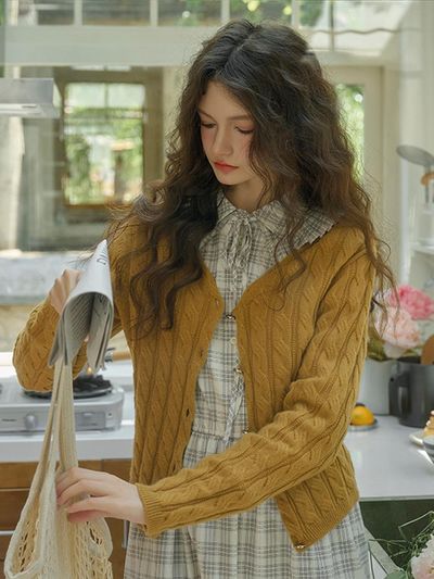 Simple Retro SR_Wool cable knit cardigan_YELLOW