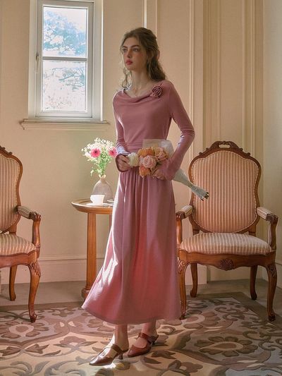 Simple Retro Swing Neck Knitted Retro Maxi Dress