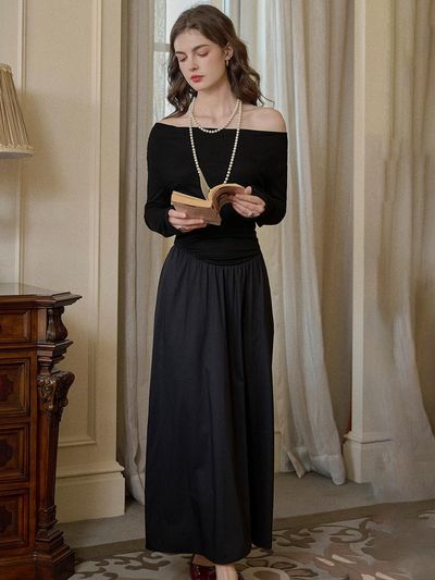 Simple Retro Two Way Off-Shoulder Black Dress