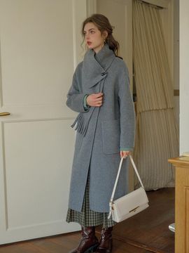 Simple Retro Wool Blend Tassel Scarf Set Coat [Gray]