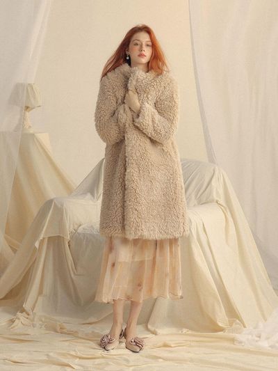 Sincethen Cookie Boucl Long Round Neck Coat [Beige]
