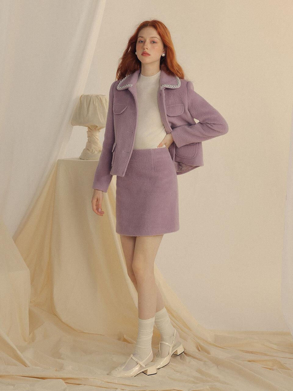 Sincethen Pearl Collar Wool-Acrylic Two-Piece Set [Purple]