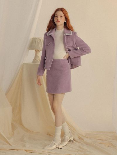 Sincethen Pearl Collar Wool-Acrylic Two-Piece Set [Purple]