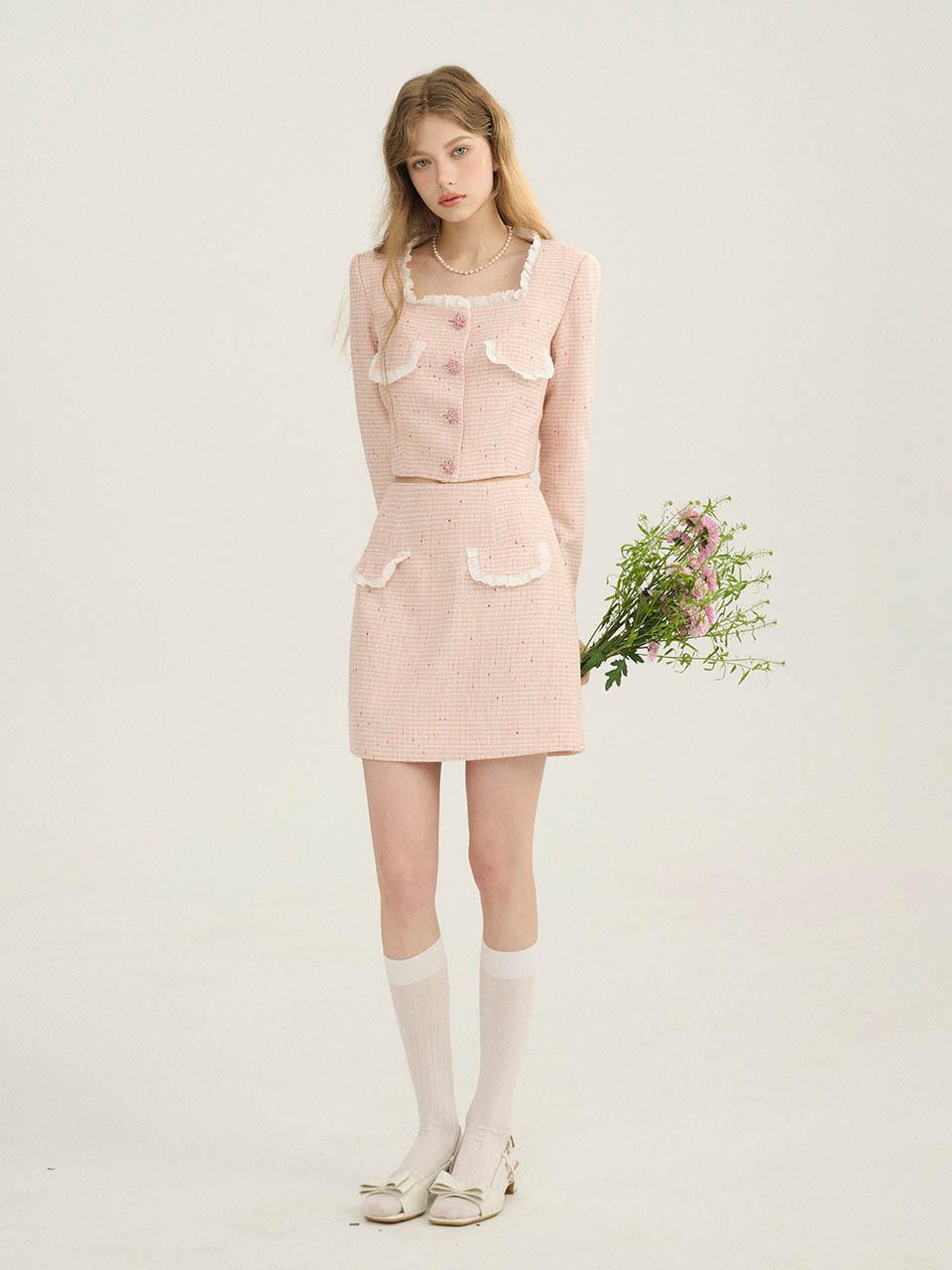 Sincethen Ruffle Tweed Jacket and Skirt Sets - Light Pink