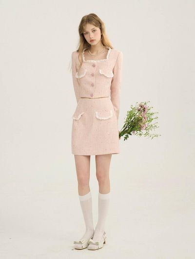 Sincethen Ruffle Tweed Jacket and Skirt Sets - Light Pink