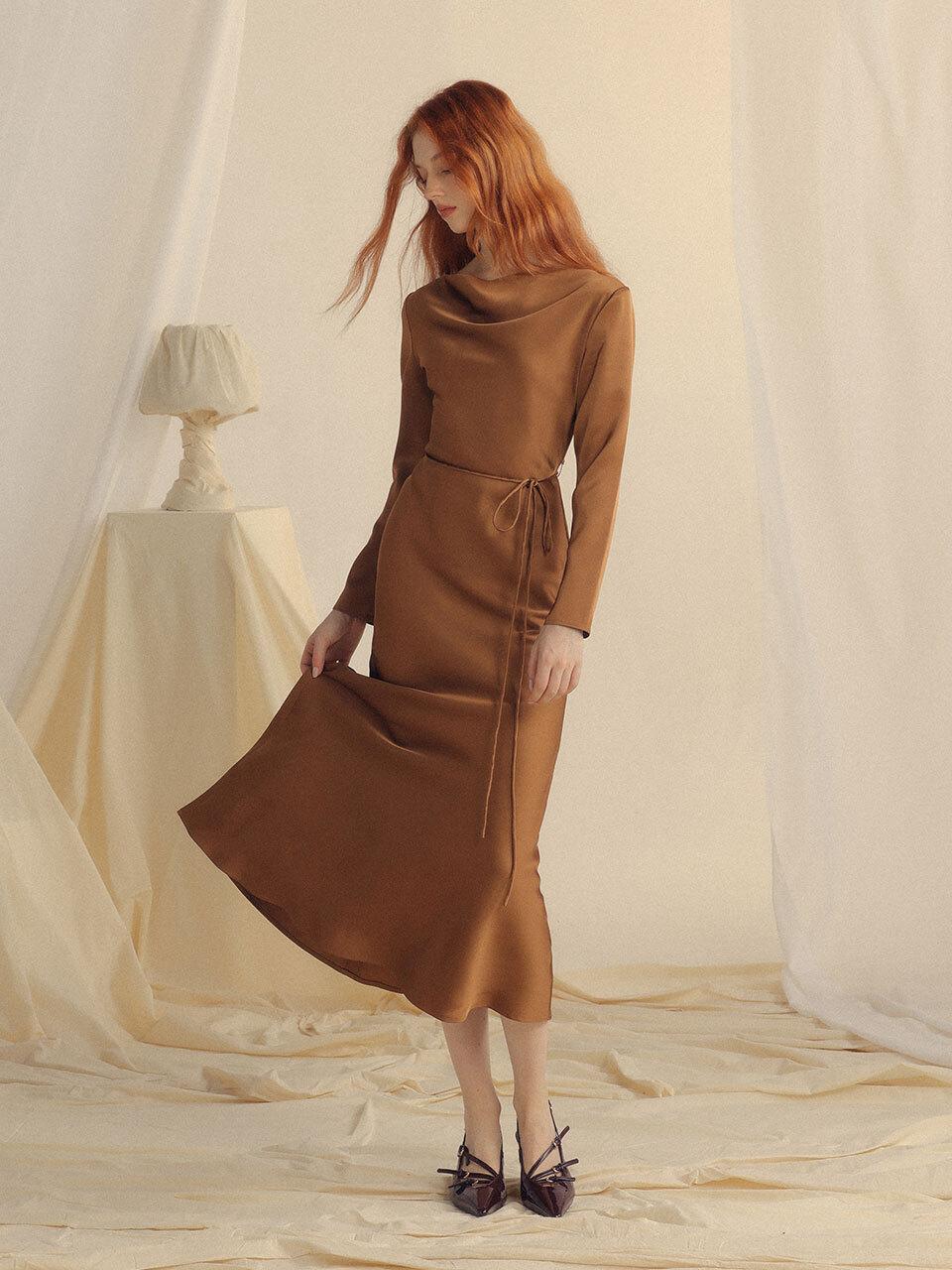 Sincethen Satin Boat Neck Long Dress [Brown]