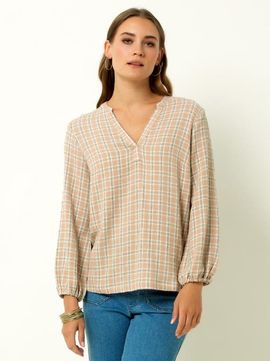 Single Stitch Single Stitch V-Neck Plaid Peasant Top