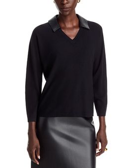 Sioni Sioni Faux Leather Collar V Neck Sweater