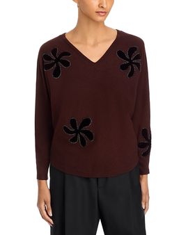 Sioni Sioni Flower Embellished V Neck Sweater