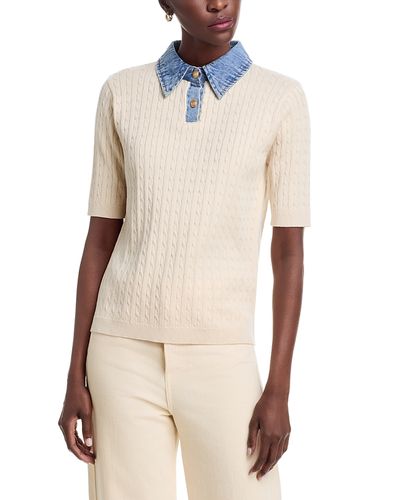 Sioni Sioni Mixed Media Denim Collar Short Sleeve Sweater