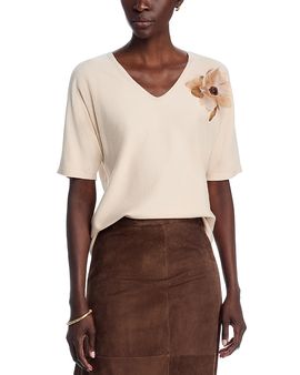 Sioni Sioni Short Sleeve V Neck Flower Embellishment Sweater