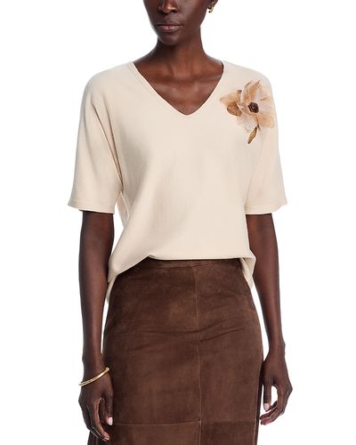 Sioni Sioni Short Sleeve V Neck Flower Embellishment Sweater