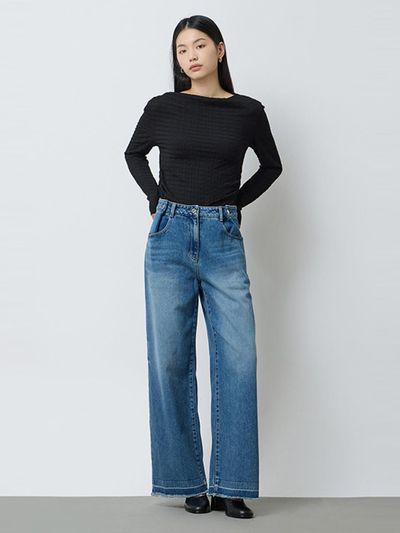 Sisley Adjustable Waist Slim Wide Cotton Denim Pants (SADP03511BL)