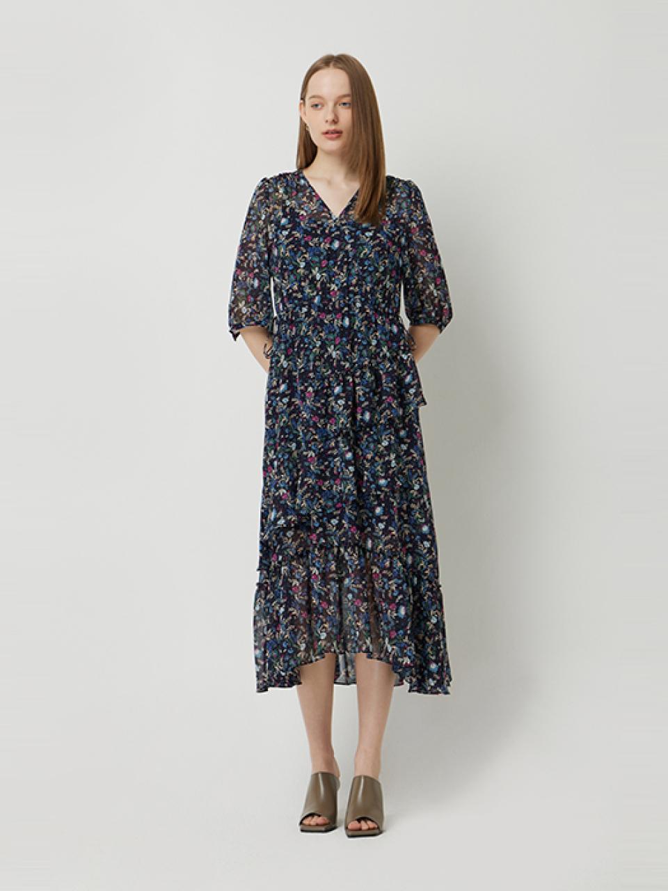 Sisley Carlo Flower Print Frill Long Dress (SAOP34531BK) [Black]