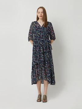 Sisley Carlo Flower Print Frill Long Dress (SAOP34531BK) [Black]