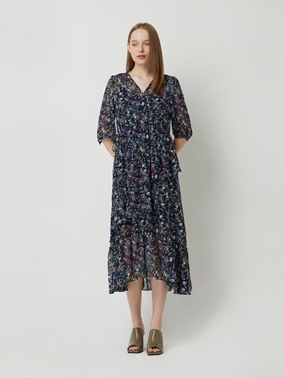 Sisley Carlo Flower Print Frill Long Dress (SAOP34531BK) [Black]