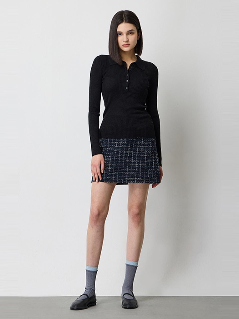 Sisley Cashmere Blend Metallic Collared Button Knit (SAKP07511BK)