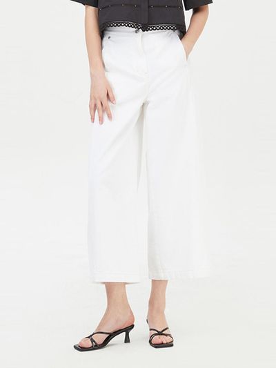 Sisley Cut Line Elastic Wide Cotton Denim Pants [Beige] (SADP38431)