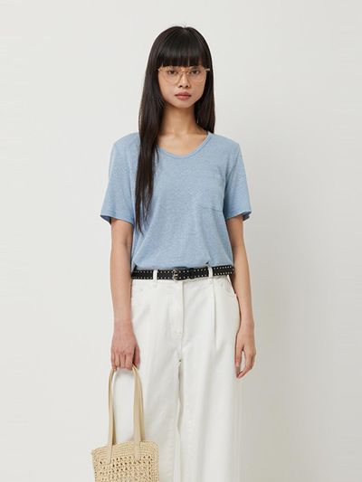 Sisley Echo Linen Henley Foil Pocket T-shirt (SATS37531BL)