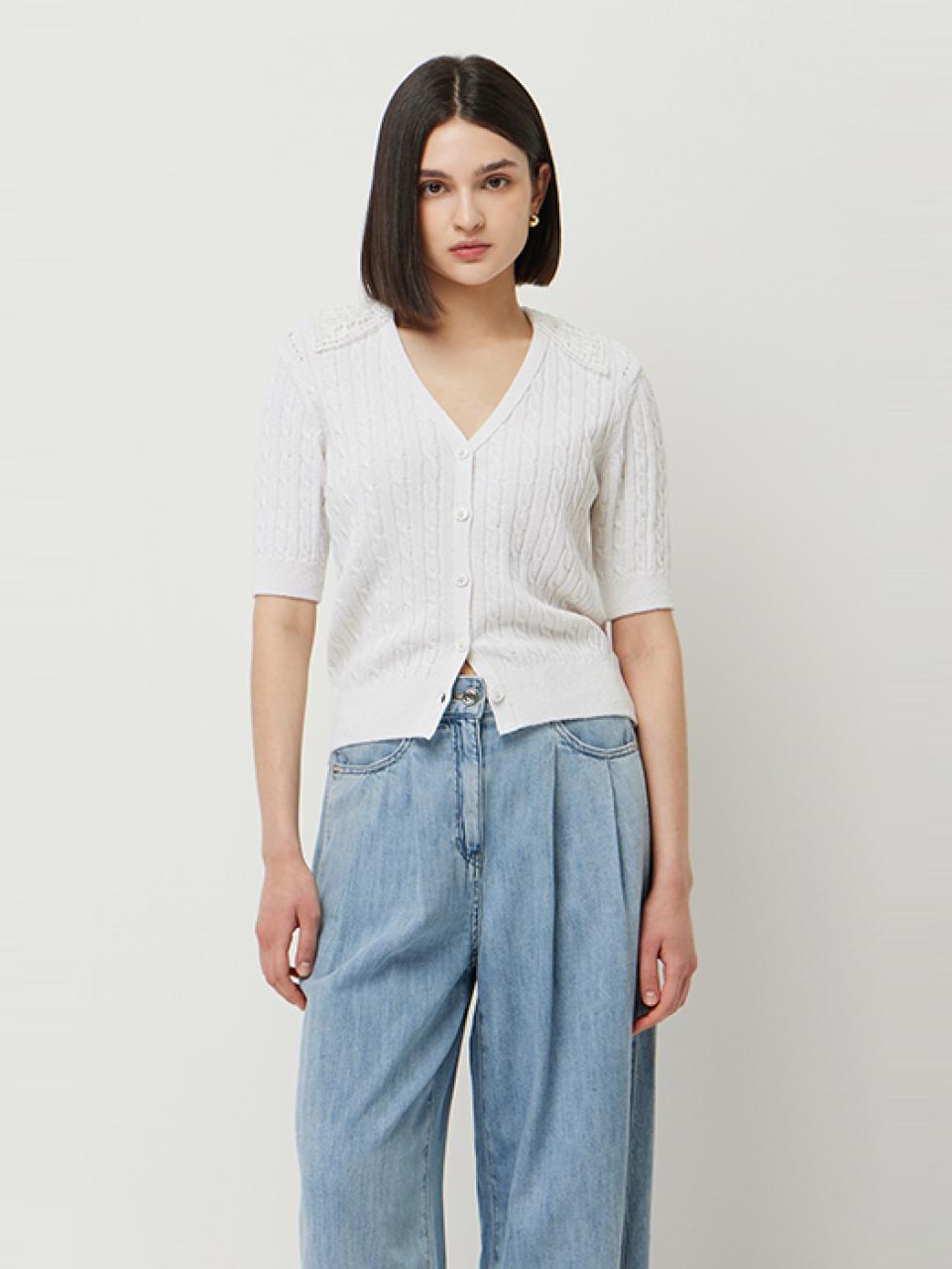 Sisley Lace Collar Cable Knit Cardigan (SAKC42531IV)