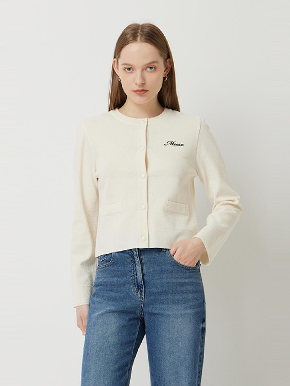 Sisley Lettering Embroidered Round Neck Cardigan (SAKC35531IV) [Ivory]