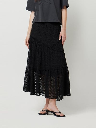 Sisley Snow Lace Embroidered Elastic Band Skirt (SASK35531BK) [Black]