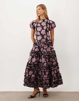 sister jane Dream Sister Jane Amythest jacquard cap sleeve drop wait tiered skirt maxi dress in pink floral