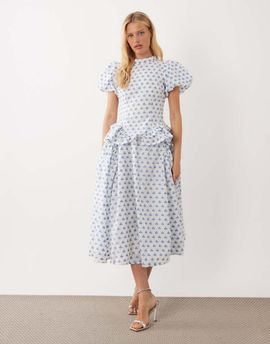 sister jane Dream Sister Jane Sea Salt jacquard mid rise skirt with pockets in white polka dot - part of a set-Blue