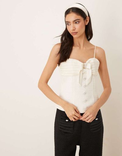 sister jane Dream Sister Jane Showgirls tweed bow top in cream - part of a set-White