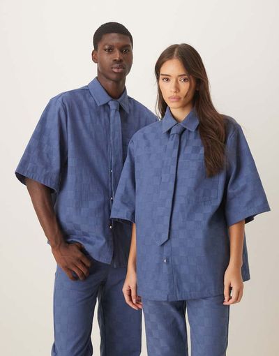 Sister Jane Mens Sister Jane Unisex checkerboard denim boxy shirt in blue - part of a set