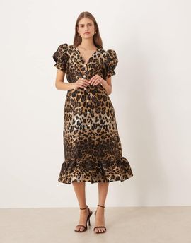 sister jane Sister Jane button front jacquard midi dress in leopard print-Brown