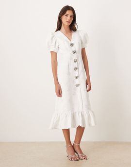 sister jane Sister Jane Carnival exclusive Bridal puff sleeve heart button up midi dress in ivory-White