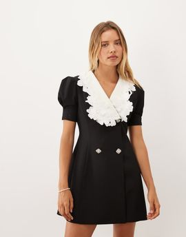 sister jane Sister Jane exclusive contrast collar puff sleeve mini dress in black