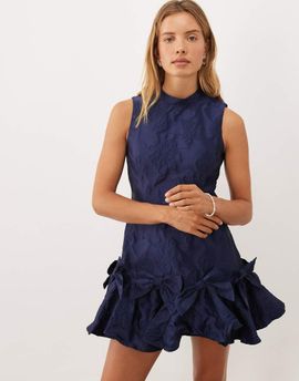 sister jane Sister Jane exclusive jacquard sleeveless cinched waist bow hem mini dress in navy-Blue