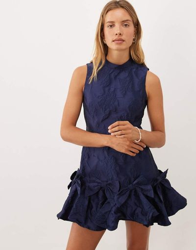 sister jane Sister Jane exclusive jacquard sleeveless cinched waist bow hem mini dress in navy-Blue