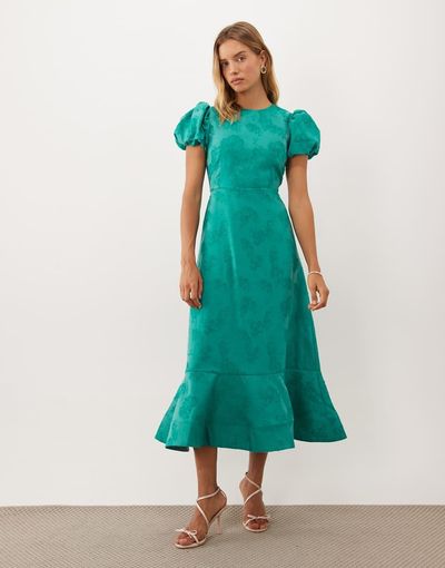 sister jane Sister Jane jacquard puff sleeve structured hem midi dress in emerald green