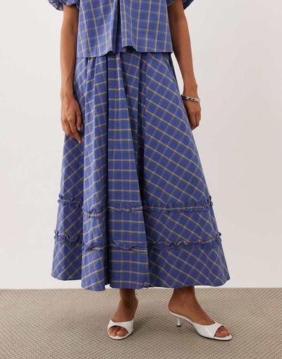 sister jane Sister Jane Lumina cotton ruffle detail a-line maxi skirt in blue plaid - part of a set