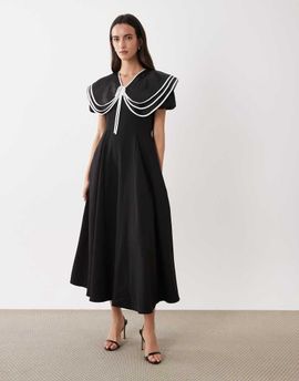 sister jane Sister Jane oversized collar puff sleeve midi dress in black