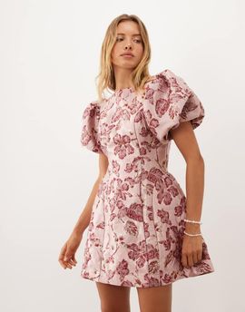 sister jane Sister Jane Quartz jacquard boat neck puff sleeve mini dress in pink floral