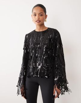 sister jane Sister Jane sequin fringe tie back detail top in black