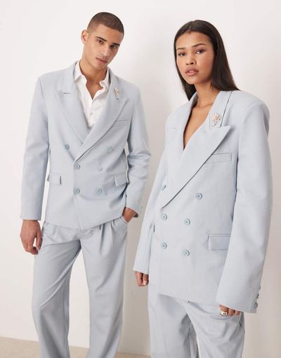 sister jane Sister Jane Unisex double breasted blazer with brooch in blue - part of a set