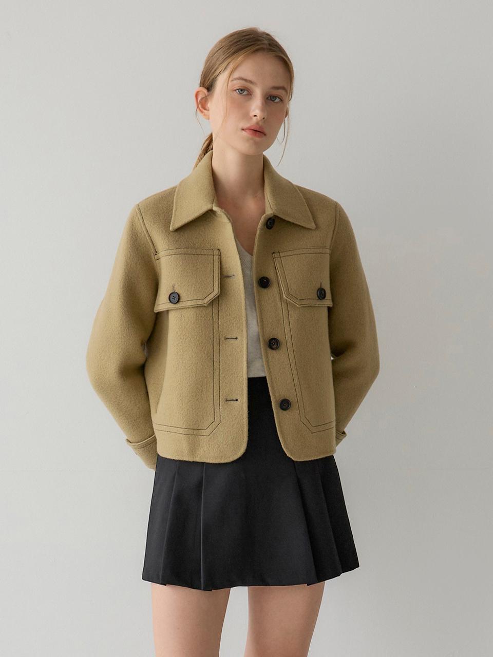sisterhood Merino Wool Stitch Big Pocket Short Coat [GREEN]